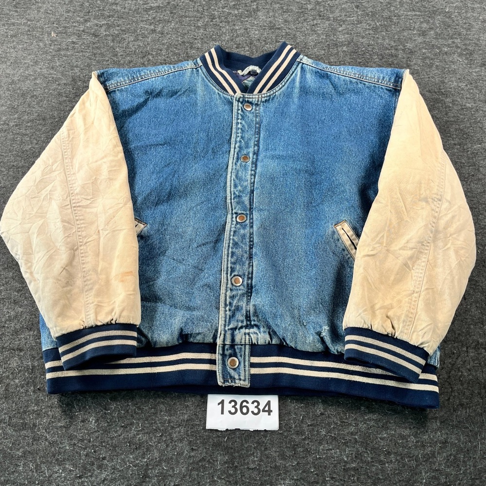 Vintage Basic Editions Bombar Jacket Men XL Blue Denim Cotton Snap Ribbed Hem